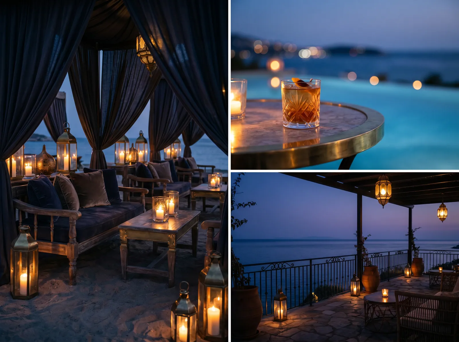 Candle-lit beach cabana lounge